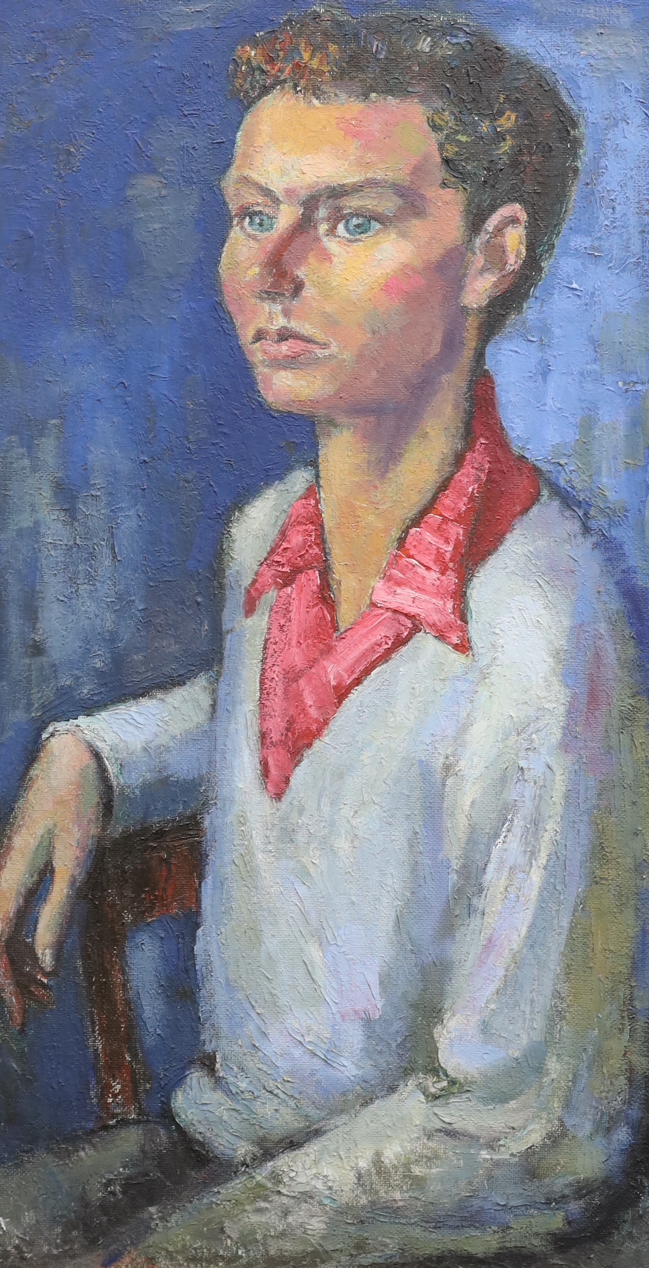 Emmanuel Levy (1900-1986), oil on board, Portrait of a seated youth, Atkinson Gallery label verso, unsigned, 91 x 50cm